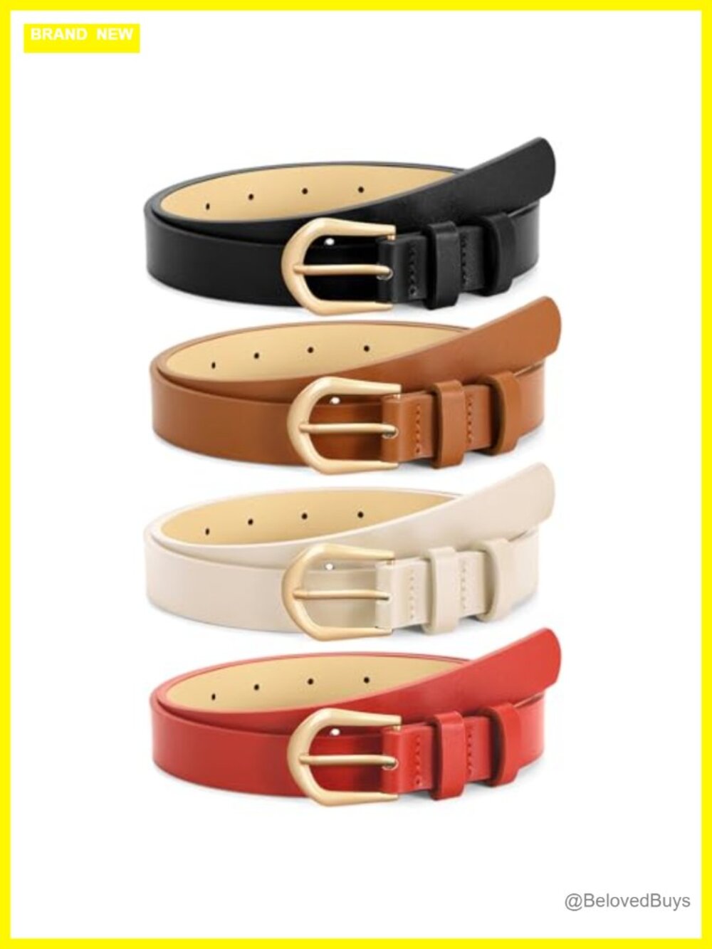 4 Pack Women's Thin Faux Leather Belts Skinny Waist Belts with Gold Buckle